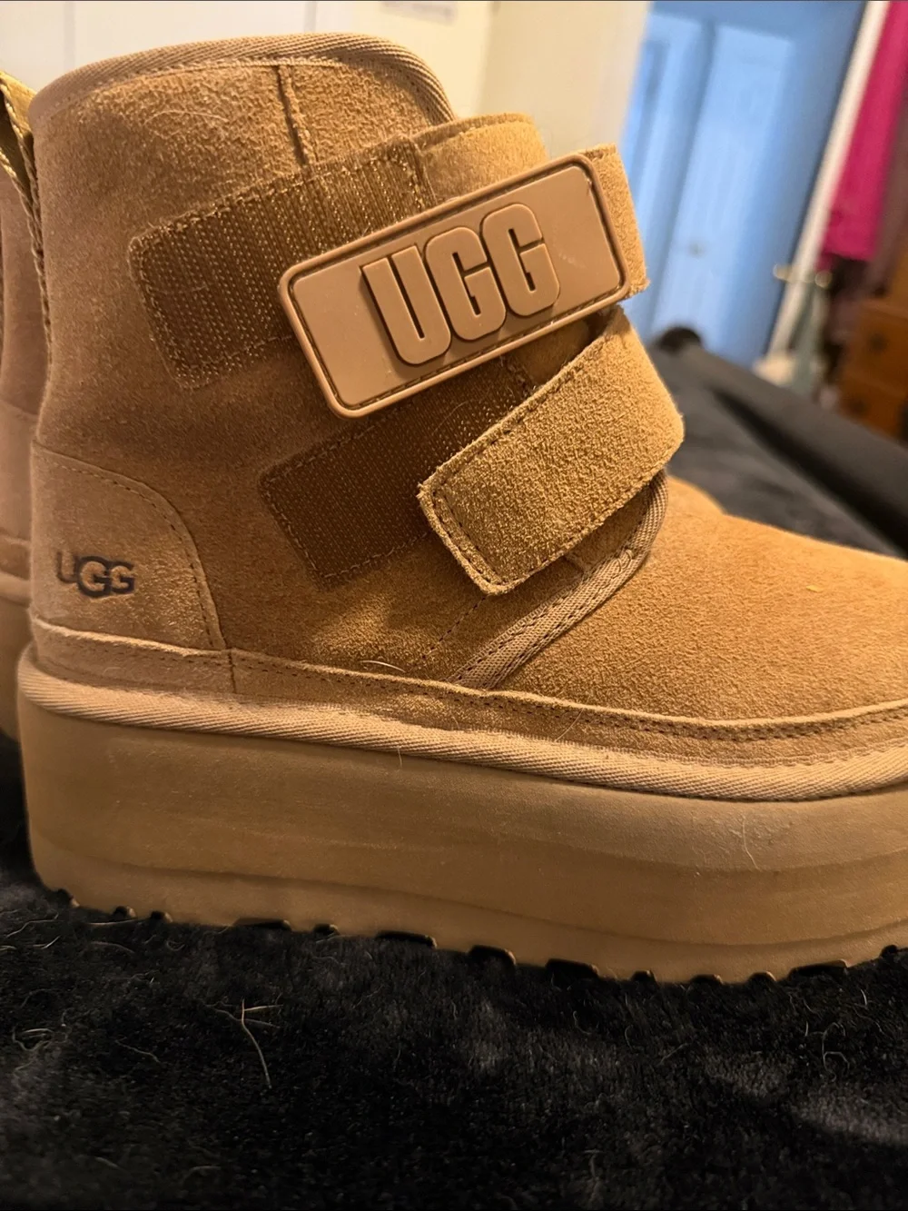 UGG Chestnut Suede Platform Ankle Boot with Velcro Straps